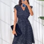 Wholesale Women's Casual Polka Dot Flounce Sleeve V Neck Buttons Down A Line Knee Length Dress With Belt 2258# preview
