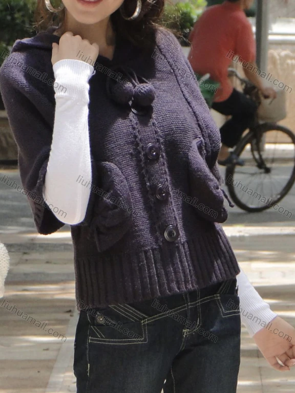 Wholesale Women's Plain Fluff Ball Decor Button Front Knit Cardigan