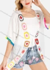 Wholesale Women's Open Front Colorful Crochet Floral Trim Pompom Trim White Cardigan - Liuhuamall