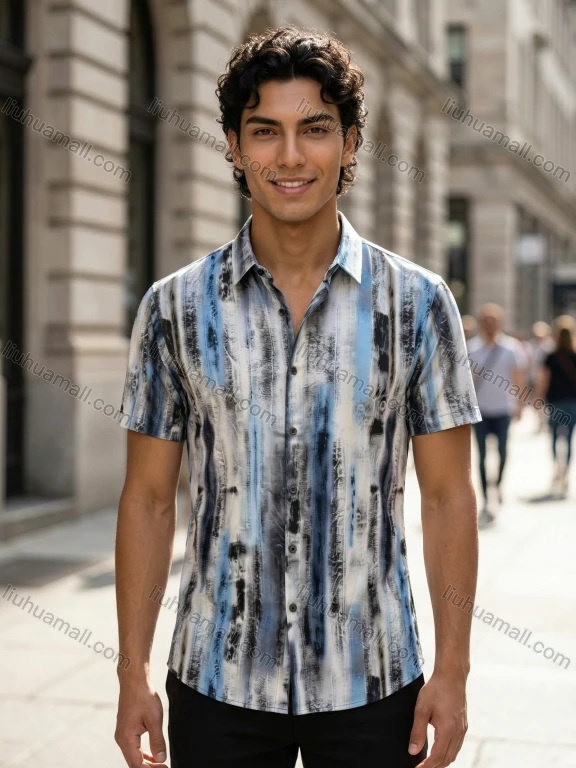 Wholesale In Stock Men's Slim Fit Short Sleeve Abstract Print Shirt | Blue Gray Pattern Casual Button - Down Shirt