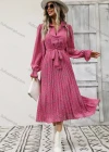 Wholesale Women's Casual Allover Print Poet Sleeve Button Front Pleated Midi Shirt Dress With Belt - Liuhuamall