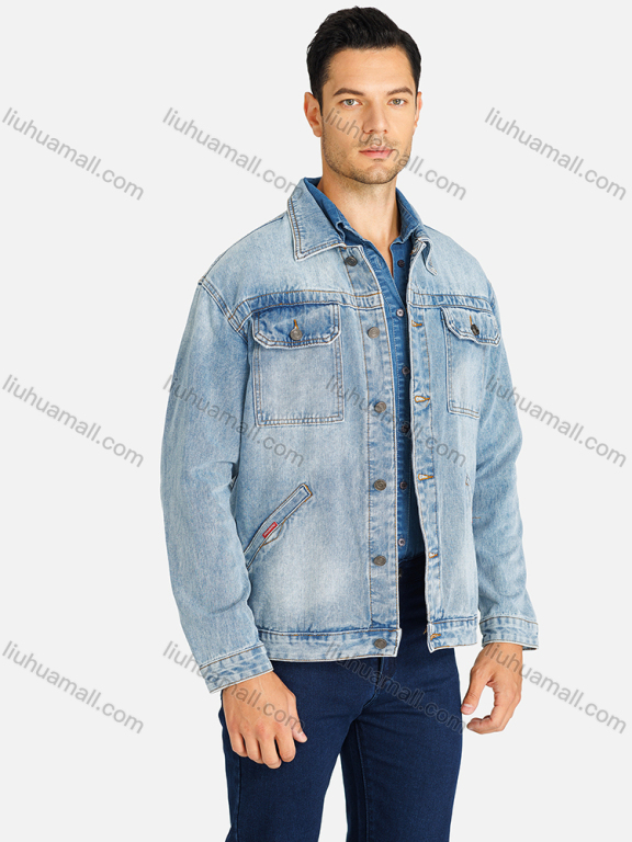 Wholesale Men's Basics Plain Button Down Flap Pockets Letter Embroidery Denim Jacket