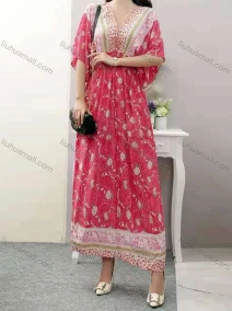 Wholesale Women's Boho V Neck Half Sleeve Floral Print Peplum Dress, LIUHUA CLOTHING WHOLESALE