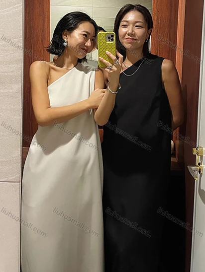 Wholesale Women's Elegant Plain One Shoulder Sleeveless Patch Pocket Split Hem Maxi Dress