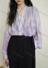 Wholesale Women's V Neck Lantern Sleeve Tie Dye Buttons Casual Blouse AY157# - Liuhuamall
