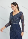Wholesale Women's Elegant Lace Sleeve V Neck Rhinestone Lace Glamorous Mermaid Evening Dress - Liuhuamall