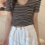 Wholesale Women's Casual Striped V Neck Patch Pockets Short Sleeve Blouse 1024# preview