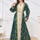 Wholesale Women's Elegant V Neck Floral Split Front Button Decor Long Sleeve Abaya Dress With Belt 2 Piece Set Dark Green Clothing Wholesale Market Liuhua