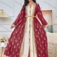 Wholesale Women's Elegant V Neck Floral Split Front Button Decor Long Sleeve Abaya Dress With Belt 2 Piece Set Red Clothing Wholesale Market Liuhua