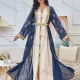 Wholesale Women's Elegant V Neck Floral Split Front Button Decor Long Sleeve Abaya Dress With Belt 2 Piece Set Navy Clothing Wholesale Market Liuhua
