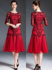 Wholesale Women's Vintage High Waist Sheer Mesh Half Sleeve Embroidery Knee Length Dress, LIUHUA CLOTHING WHOLESALE