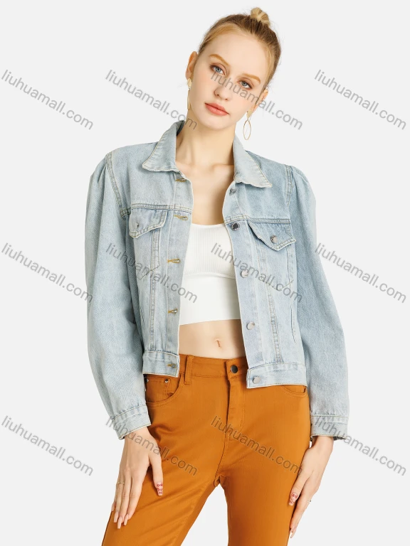Wholesale Women's Casual Plain Button Down Flap Pockets Crop Denim Jacket