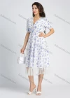 Wholesale Women's Casual Allover Floral Print V Neck Mesh Lace Short Sleeve Midi Dress With Belt - Liuhuamall