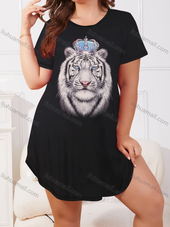 Wholesale Women's Milk Silk Tiger Print Short Sleeve Crew Neck Curved Hem Lounge Short Nightdress DM1303-09#
