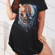 Wholesale Women's Milk Silk Graphic Print Short Sleeve Crew Neck Curved Hem Lounge Short Nightdress DM1303-10# Black Clothing Wholesale Market Liuhua