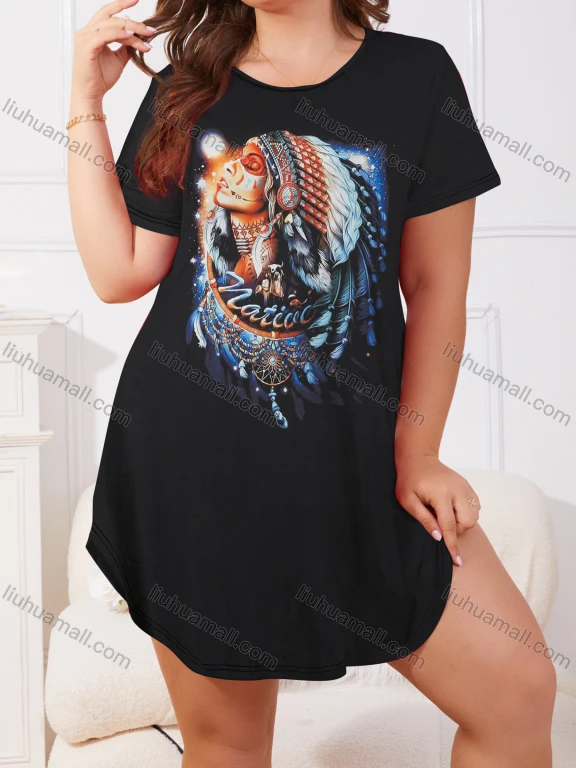 Wholesale Women's Milk Silk Graphic Print Short Sleeve Crew Neck Curved Hem Lounge Short Nightdress DM1303-10#