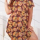 Wholesale Women's Milk Silk Allover Hamburger Print Short Sleeve Crew Neck Curved Hem Lounge Short Nightdress DM1302-04# Coffee Clothing Wholesale Market Liuhua