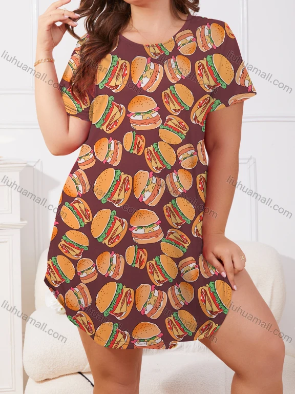 Wholesale Women's Milk Silk Allover Hamburger Print Short Sleeve Crew Neck Curved Hem Lounge Short Nightdress DM1302-04#