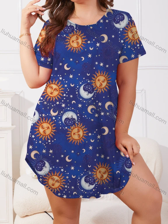Wholesale Women's Milk Silk Allover Print Star Short Sleeve Crew Neck Curved Hem Lounge Short Nightdress DM1302-05#