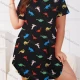 Wholesale Women's Milk Silk Allover Dinosaur Print Short Sleeve Crew Neck Curved Hem Lounge Short Nightdress DM1302-06# Black Clothing Wholesale Market Liuhua
