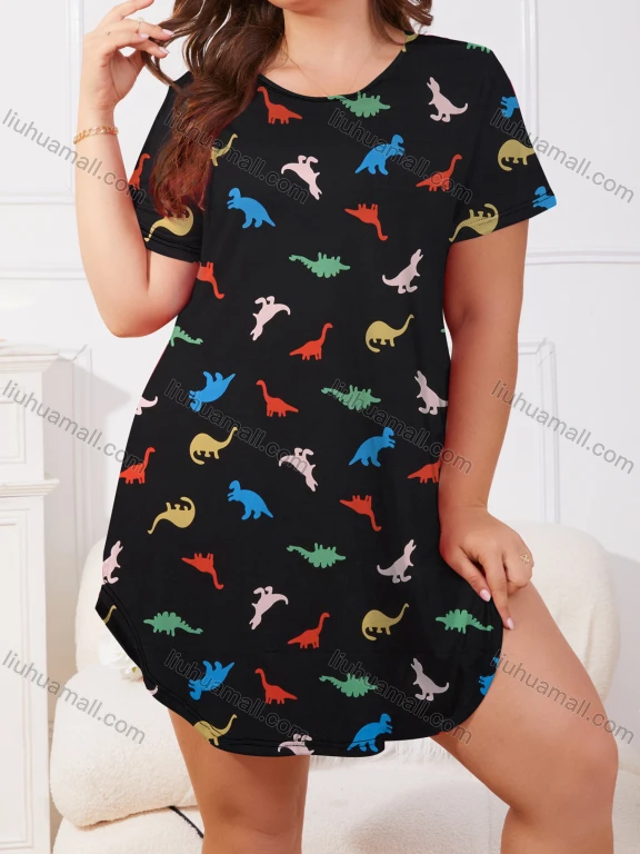 Wholesale Women's Milk Silk Allover Dinosaur Print Short Sleeve Crew Neck Curved Hem Lounge Short Nightdress DM1302-06#