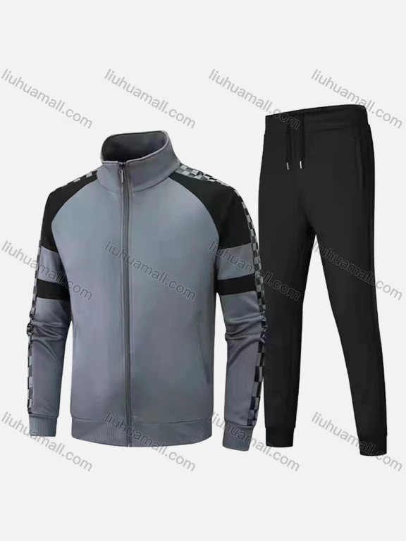 Wholesale Men's Athletic Workout Splicing Colorblock Stand Neck Zip Jacket & Elastic Waist Ankle Length Pants 2 Piece Set