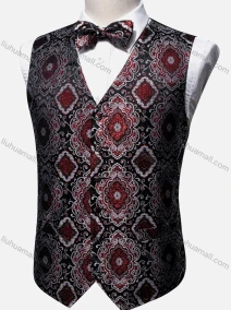 Wholesale Men's Vintage V Neck Folkloric Print Single Breasted Silky Waistcoat & Bow Tie 2-piece Set, LIUHUA CLOTHING WHOLESALE