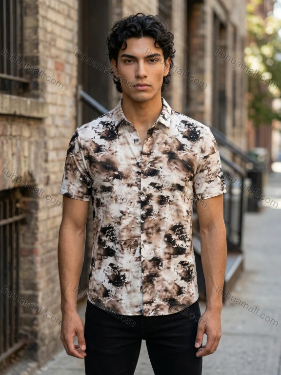Wholesale In Stock Men's Slim Fit Short Sleeve Abstract Art Print Button - Down Shirt | Casual Fashion Dress Shirt