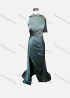Wholesale Women's Elegant Plain Stand Collar Sleeveless Ruched Split Side Floor Length Evening Dress - Liuhuamall