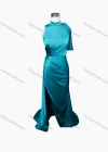Wholesale Women's Elegant Plain Stand Collar Sleeveless Ruched Split Side Floor Length Evening Dress - Liuhuamall