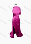 Wholesale Women's Elegant Plain Stand Collar Sleeveless Ruched Split Side Floor Length Evening Dress - Liuhuamall