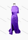 Wholesale Women's Elegant Plain Stand Collar Sleeveless Ruched Split Side Floor Length Evening Dress - Liuhuamall