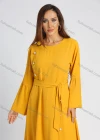 Wholesale Women's Round Neck Button Decor Bell Sleeve Plain A-line Maxi Dress With Belt - Liuhuamall