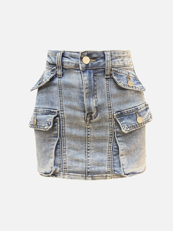 Women's Casual Plain Multiple Flap Pockets Distressed Mini Denim Skirt, Clothing Wholesale Market -LIUHUA, Denim