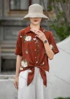 Wholesale Women's Linen Collared Half Sleeve Loose Fit Blouse Button Down Flora Print Shirt - Liuhuamall