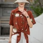 Wholesale Women's Linen Collared Half Sleeve Loose Fit Blouse Button Down Flora Print Shirt preview