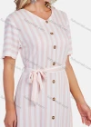 Wholesale Women's Casual V Neck Short Sleeve Striped Print Buttons Decor Midi Dress With Tie Belt - Liuhuamall