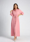 Wholesale Women's Collared High Waist Button Front Long Sleeve Drawstring Plain Maxi Shirt Dress - Liuhuamall