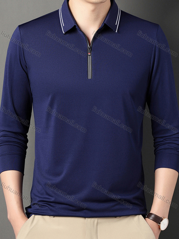 Wholesale Men's Casual Plain Collared Quarter Zip Striped Trim Long Sleeve Henley Shirt 6621#