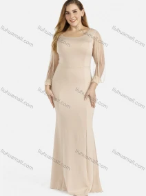 Wholesale Women's Elegant Plain Round Neck Zip Back Rhinestone Fringe Sheer Mesh Evening Mermaid Dress, LIUHUA CLOTHING WHOLESALE