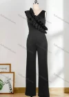Wholesale Women's Plain Ruffle Trim High Waist Deep V Neck Side Pockets Wide Leg Tank Jumpsuit - Liuhuamall