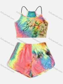 Wholesale Girl's Casual Tie Dye Spaghetti Straps Crop Cami Top & Elastic Waist Shorts 2 PIecce Set, LIUHUA CLOTHING WHOLESALE