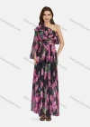 Wholesale Women's Elegant One Shoulder Floral Lace Up Ruffle Trim Chiffon Maxi Dress - Liuhuamall