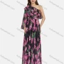 Wholesale Women's Elegant One Shoulder Floral Lace Up Ruffle Trim Chiffon Maxi Dress preview