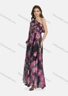 Wholesale Women's Elegant One Shoulder Floral Lace Up Ruffle Trim Chiffon Maxi Dress - Liuhuamall