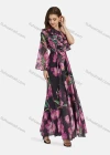 Wholesale Women's Elegant One Shoulder Floral Lace Up Ruffle Trim Chiffon Maxi Dress - Liuhuamall