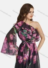 Wholesale Women's Elegant One Shoulder Floral Lace Up Ruffle Trim Chiffon Maxi Dress - Liuhuamall