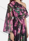 Wholesale Women's Elegant One Shoulder Floral Lace Up Ruffle Trim Chiffon Maxi Dress - Liuhuamall
