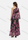 Wholesale Women's Elegant One Shoulder Floral Lace Up Ruffle Trim Chiffon Maxi Dress - Liuhuamall
