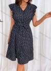 Wholesale Women's Casual Polka Dot Flounce Sleeve V Neck Buttons Down A Line Knee Length Dress With Belt 2258# - Liuhuamall